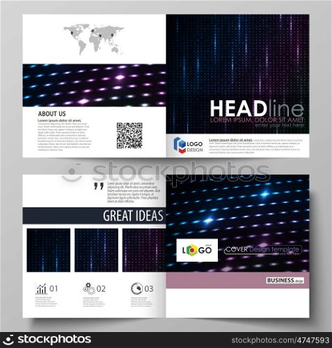 Business templates for square design bi fold brochure, magazine, flyer, booklet or annual report. Leaflet cover, abstract flat layout, easy editable vector. Abstract colorful neon dots, dotted technology background. Glowing particles, led light pattern, futuristic texture, digital vector design.