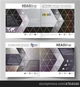 Business templates for square design bi fold brochure, magazine, flyer, booklet or annual report. Leaflet cover, abstract flat layout, easy editable vector. Dark color triangles and colorful circles. Abstract polygonal style modern background.