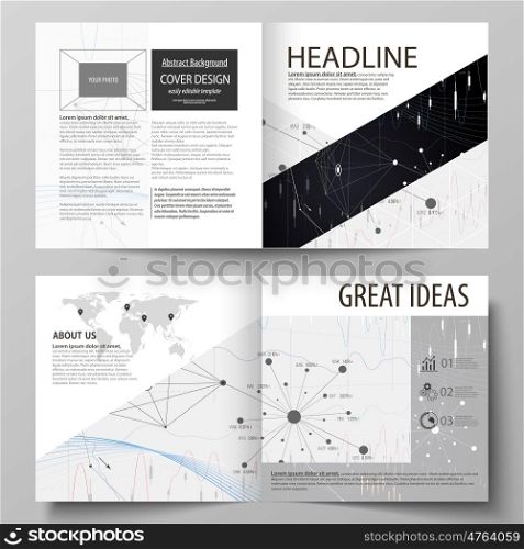 Business templates for square design bi fold brochure, magazine, flyer, booklet or annual report. Leaflet cover, abstract flat layout, easy editable vector. Abstract infographic background in minimalist style made from lines, symbols, charts, diagrams and other elements.