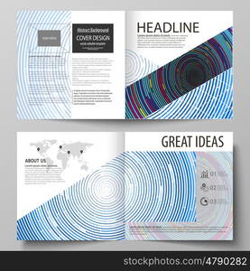 Business templates for square design bi fold brochure, magazine, flyer, booklet or annual report. Leaflet cover, abstract flat layout, easy editable vector. Blue color background in minimalist style made from colorful circles.