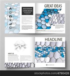 Business templates for square design bi fold brochure, magazine, flyer, booklet or annual report. Leaflet cover, abstract flat layout, easy editable vector. Blue and gray color hexagons in perspective. Abstract polygonal style modern background.