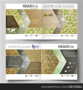 Business templates for square design bi fold brochure, magazine, flyer, booklet or annual report. Leaflet cover, abstract flat layout, easy editable vector. Abstract green color wooden design. Texture with leaves. Spa concept natural pattern in linear style. Vector decoration for fashion, cosmetics, beauty industry.