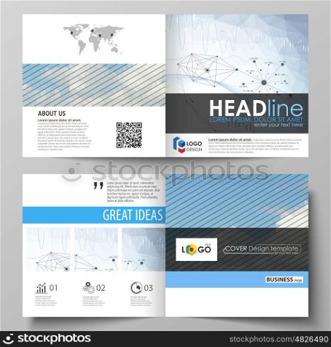 Business templates for square design bi fold brochure, magazine, flyer, booklet or annual report. Leaflet cover, abstract flat layout, easy editable vector. Blue color abstract infographic background in minimalist style made from lines, symbols, charts, diagrams and other elements.