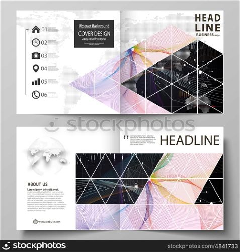 Business templates for square design bi fold brochure, magazine, flyer, booklet or annual report. Leaflet cover, abstract flat layout, easy editable vector. Colorful abstract infographic background in minimalist style made from lines, symbols, charts, diagrams and other elements.