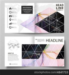 Business templates for square design bi fold brochure, magazine, flyer, booklet or annual report. Leaflet cover, abstract flat layout, easy editable vector. Colorful abstract infographic background in minimalist style made from lines, symbols, charts, diagrams and other elements.