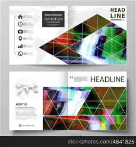 Business templates for square design bi fold brochure, magazine, flyer, booklet or annual report. Leaflet cover, abstract flat layout, easy editable vector. Glitched background made of colorful pixel mosaic. Digital decay, signal error, television fail.