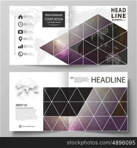 Business templates for square design bi fold brochure, magazine, flyer, booklet or annual report. Leaflet cover, abstract flat layout, easy editable vector. Dark color triangles and colorful circles. Abstract polygonal style modern background.