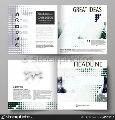 Business templates for square design bi fold brochure, magazine, flyer, booklet or annual report. Leaflet cover, abstract flat layout, easy editable vector. Halftone dotted background, retro style grungy pattern, vintage texture. Halftone effect with black dots on white.. Business templates for square design bi fold brochure, magazine, flyer. Leaflet cover, abstract vector layout. Halftone dotted background, retro style grungy pattern, vintage texture. Halftone effect.