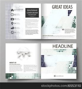 Business templates for square design bi fold brochure, magazine, flyer, booklet or annual report. Leaflet cover, abstract flat layout, easy editable vector. Halftone dotted background, retro style grungy pattern, vintage texture. Halftone effect with black dots on white.. Business templates for square design bi fold brochure, magazine, flyer. Leaflet cover, abstract vector layout. Halftone dotted background, retro style grungy pattern, vintage texture. Halftone effect.