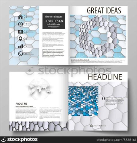 Business templates for square design bi fold brochure, magazine, flyer, booklet or annual report. Leaflet cover, abstract flat layout, easy editable vector. Blue and gray color hexagons in perspective. Abstract polygonal style modern background.. Business templates for square design bi fold brochure, flyer, booklet or annual report. Leaflet cover, vector layout. Blue and gray color hexagons in perspective. Abstract polygonal style background.