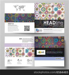 Business templates for square design bi fold brochure, magazine, flyer, booklet or annual report. Leaflet cover, abstract flat layout, easy editable vector. Bright color background in minimalist style made from colorful circles.. Business templates for square design bi fold brochure, flyer, booklet or annual report. Leaflet cover, abstract vector layout. Bright color background in minimalist style made from colorful circles.