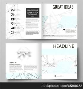 Business templates for square design bi fold brochure, magazine, flyer, booklet or annual report. Leaflet cover, abstract flat layout, easy editable vector. Chemistry pattern, connecting lines and dots, molecule structure on white, geometric graphic background.. Business templates for square design bi fold brochure, flyer, report. Leaflet cover, vector layout. Chemistry pattern, connecting lines and dots, molecule structure on white, geometric background.