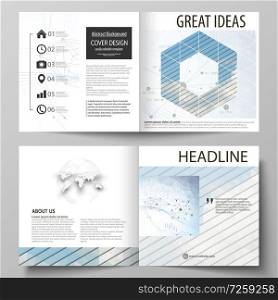 Business templates for square design bi fold brochure, magazine, flyer, booklet or annual report. Leaflet cover, abstract flat layout, easy editable vector. Blue color abstract infographic background in minimalist style made from lines, symbols, charts, diagrams and other elements.. Business templates for square design bi fold brochure, flyer, annual report. Leaflet cover, vector layout. Blue color abstract infographic background made from lines, symbols, charts, other elements.