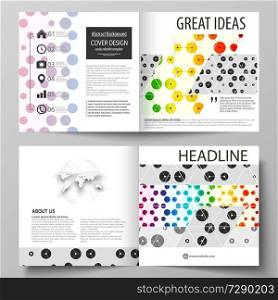 Business templates for square design bi fold brochure, magazine, flyer, booklet or annual report. Leaflet cover, abstract flat layout, easy editable vector. Chemistry pattern, hexagonal design molecule structure, scientific, medical DNA research. Geometric colorful background.. Business templates for square bi fold brochure, flyer. Leaflet cover, abstract vector layout. Chemistry pattern, hexagonal design molecule structure, medical DNA research. Colorful background