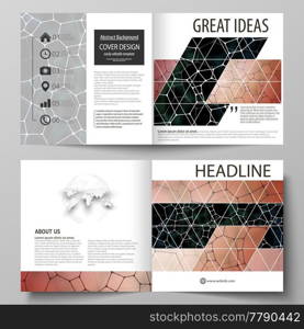 Business templates for square design bi fold brochure, magazine, flyer, booklet or annual report. Leaflet cover, abstract flat layout, easy editable vector. Chemistry pattern, molecular texture, polygonal molecule structure, cell. Medicine, science, microbiology concept.. Business templates for square design bi fold brochure, flyer. Leaflet cover, vector layout. Chemistry pattern, molecular texture, polygonal molecule structure, cell. Medicine, microbiology concept.