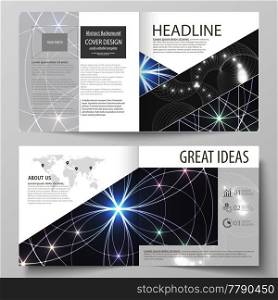 Business templates for square design bi fold brochure, magazine, flyer, booklet or annual report. Leaflet cover, abstract flat layout, easy editable vector. Sacred geometry, glowing geometrical ornament. Mystical background.. Business templates for square design bi fold brochure, magazine, flyer, booklet or report. Leaflet cover, abstract vector layout. Sacred geometry, glowing geometrical ornament. Mystical background.
