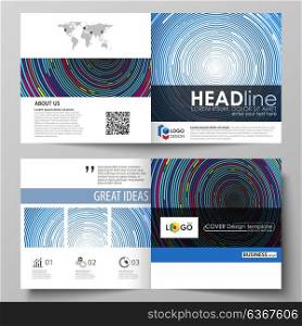 Business templates for square design bi fold brochure, magazine, flyer, booklet or report. Leaflet cover, abstract vector layout. Blue color background in minimalist style made from colorful circles.. Business templates for square design bi fold brochure, magazine, flyer, booklet or annual report. Leaflet cover, abstract flat layout, easy editable vector. Blue color background in minimalist style made from colorful circles.