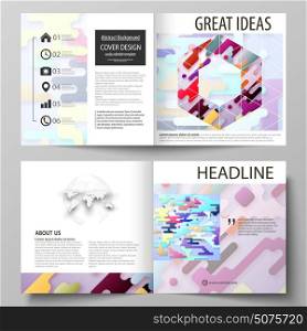 Business templates for square design bi fold brochure, magazine, flyer, booklet, report. Leaflet cover, abstract vector layout. Colorful minimalist backdrop, geometric shapes, minimalistic background.. Business templates for square design bi fold brochure, magazine, flyer, booklet or annual report. Leaflet cover, abstract flat layout, easy editable vector. Bright color lines and dots, colorful minimalist backdrop with geometric shapes forming beautiful minimalistic background.