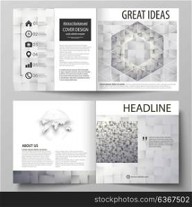 Business templates for square design bi fold brochure, magazine, flyer, booklet, report. Leaflet cover, abstract vector layout. Pattern made from squares, gray background in geometrical style.. Business templates for square design bi fold brochure, magazine, flyer, booklet or annual report. Leaflet cover, abstract flat layout, easy editable vector. Pattern made from squares, gray background in geometrical style. Simple texture.
