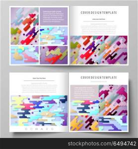 Business templates for square design bi fold brochure, magazine, flyer, booklet, report. Leaflet cover, abstract vector layout. Colorful minimalist backdrop, geometric shapes, minimalistic background.. Business templates for square design bi fold brochure, magazine, flyer, booklet or annual report. Leaflet cover, abstract flat layout, easy editable vector. Bright color lines and dots, colorful minimalist backdrop with geometric shapes forming beautiful minimalistic background.