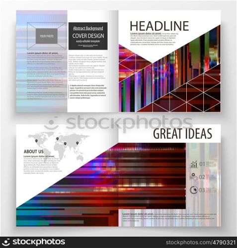 Business templates for square design bi fold brochure, magazine, flyer. Leaflet cover, abstract vector layout. Glitched background made of colorful pixel mosaic. Digital decay, signal error, television fail. Trendy glitch backdrop.