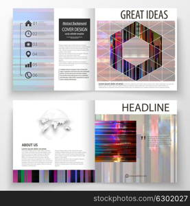 Business templates for square design bi fold brochure, magazine, flyer. Leaflet cover, abstract vector layout. Glitched background made of colorful pixel mosaic. Digital decay. Trendy glitch backdrop.. Business templates for square design bi fold brochure, magazine, flyer. Leaflet cover, abstract vector layout. Glitched background made of colorful pixel mosaic. Digital decay, signal error, television fail. Trendy glitch backdrop.