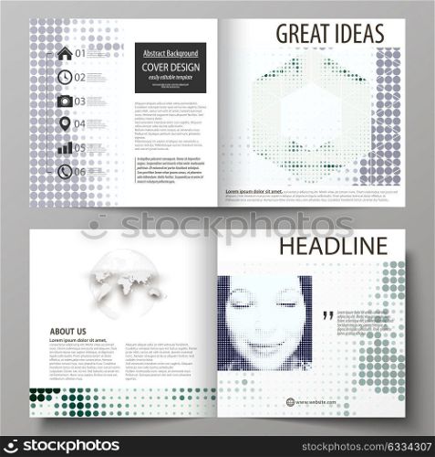 Business templates for square design bi fold brochure, magazine, flyer. Leaflet cover, abstract vector layout. Halftone dotted background, retro style grungy pattern, vintage texture. Halftone effect.. Business templates for square design bi fold brochure, magazine, flyer, booklet or annual report. Leaflet cover, abstract flat layout, easy editable vector. Halftone dotted background, retro style grungy pattern, vintage texture. Halftone effect with black dots on white.