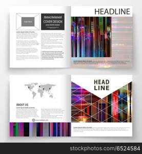Business templates for square design bi fold brochure, magazine, flyer. Leaflet cover, abstract vector layout. Glitched background made of colorful pixel mosaic. Digital decay. Trendy glitch backdrop.. Business templates for square design bi fold brochure, magazine, flyer. Leaflet cover, abstract vector layout. Glitched background made of colorful pixel mosaic. Digital decay, signal error, television fail. Trendy glitch backdrop.