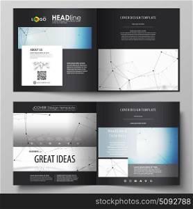 Business templates for square design bi fold brochure, magazine, flyer. Leaflet cover, vector layout. Geometric blue color background, molecule structure, science concept. Connected lines and dots.. Business templates for square design bi fold brochure, magazine, flyer, booklet or annual report. Leaflet cover, abstract flat layout, easy editable vector. Geometric blue color background, molecule structure, science concept. Connected lines and dots.