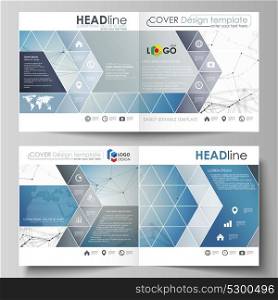 Business templates for square design bi fold brochure, magazine, flyer. Leaflet cover, vector layout. Geometric blue color background, molecule structure, science concept. Connected lines and dots.. Business templates for square design bi fold brochure, magazine, flyer. Leaflet cover, vector layout. Geometric blue color background, molecule structure, science concept. Connected lines and dots