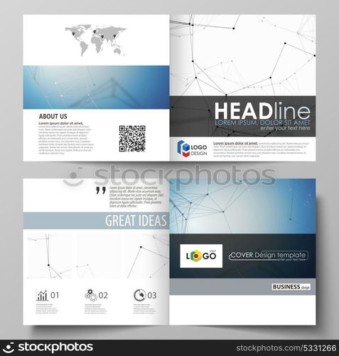 Business templates for square design bi fold brochure, magazine, flyer. Leaflet cover, vector layout. Geometric blue color background, molecule structure, science concept. Connected lines and dots.. Business templates for square design bi fold brochure, magazine, flyer, booklet or annual report. Leaflet cover, abstract flat layout, easy editable vector. Geometric blue color background, molecule structure, science concept. Connected lines and dots.