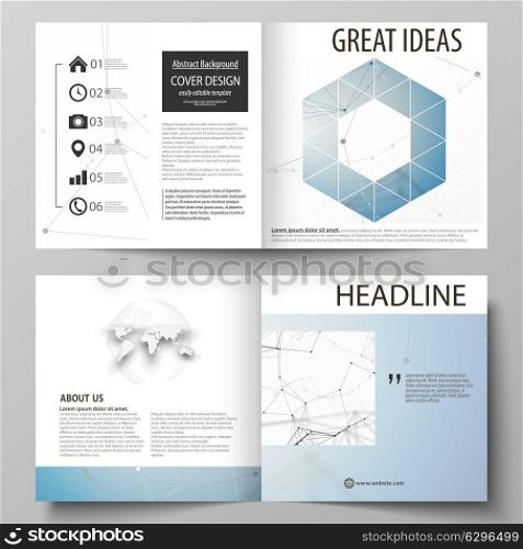 Business templates for square design bi fold brochure, magazine, flyer. Leaflet cover, vector layout. Geometric blue color background, molecule structure, science concept. Connected lines and dots.. Business templates for square design bi fold brochure, magazine, flyer, booklet or annual report. Leaflet cover, abstract flat layout, easy editable vector. Geometric blue color background, molecule structure, science concept. Connected lines and dots.