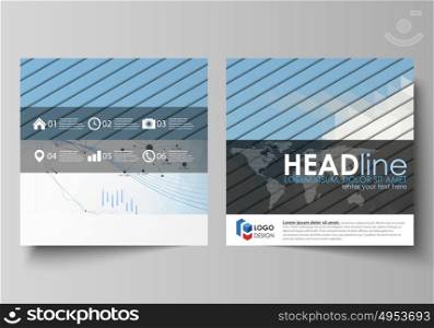 Business templates for square design brochure, flyer, annual report. Leaflet cover, vector layout. Blue color abstract infographic background with lines, symbols, charts, diagrams and other elements.. Business templates for square design brochure, magazine, flyer, booklet or annual report. Leaflet cover, abstract flat layout, easy editable vector. Blue color abstract infographic background in minimalist style made from lines, symbols, charts, diagrams and other elements.