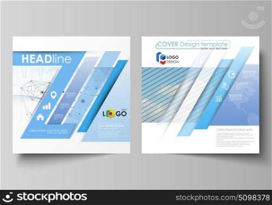 Business templates for square design brochure, flyer, annual report. Leaflet cover, vector layout. Blue color abstract infographic background with lines, symbols, charts, diagrams and other elements.. Business templates for square design brochure, magazine, flyer, booklet or annual report. Leaflet cover, abstract flat layout, easy editable vector. Blue color abstract infographic background in minimalist style made from lines, symbols, charts, diagrams and other elements.