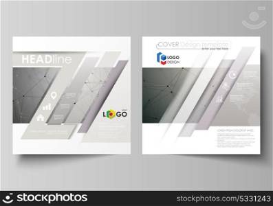 Business templates for square design brochure, flyer, booklet, report. Leaflet cover, abstract vector layout. Chemistry pattern, molecule structure on gray background. Science and technology concept.. Business templates for square design brochure, magazine, flyer, booklet or annual report. Leaflet cover, abstract flat layout, easy editable vector. Chemistry pattern, molecule structure on gray background. Science and technology concept.