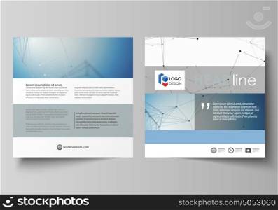 Business templates for square design brochure, flyer, booklet, report. Leaflet cover, vector layout. Geometric blue color background, molecule structure, science concept. Connected lines and dots.. Business templates for square design brochure, magazine, flyer, booklet or annual report. Leaflet cover, abstract flat layout, easy editable vector. Geometric blue color background, molecule structure, science concept. Connected lines and dots.