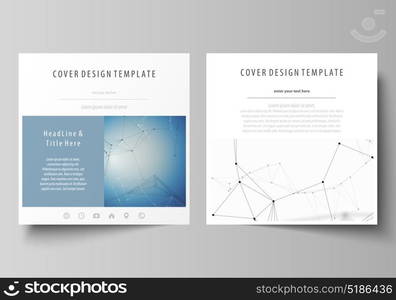 Business templates for square design brochure, flyer, booklet, report. Leaflet cover, vector layout. Geometric blue color background, molecule structure, science concept. Connected lines and dots.. Business templates for square design brochure, magazine, flyer, booklet or annual report. Leaflet cover, abstract flat layout, easy editable vector. Geometric blue color background, molecule structure, science concept. Connected lines and dots.