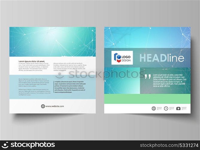 Business templates for square design brochure, flyer. Leaflet cover, abstract vector layout. Chemistry pattern, connecting lines and dots, molecule structure, medical DNA research. Medicine concept.. Business templates for square design brochure, magazine, flyer, booklet or annual report. Leaflet cover, abstract flat layout, easy editable vector. Chemistry pattern, connecting lines and dots, molecule structure, medical DNA research. Medicine concept.