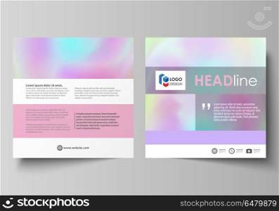 Business templates for square design brochure, flyer. Leaflet cover, abstract vector layout. Hologram, background in pastel colors with holographic effect. Blurred colorful pattern, surreal texture.. Business templates for square design brochure, magazine, flyer, booklet or annual report. Leaflet cover, abstract flat layout, easy editable vector. Hologram, background in pastel colors with holographic effect. Blurred colorful pattern, futuristic surreal texture.