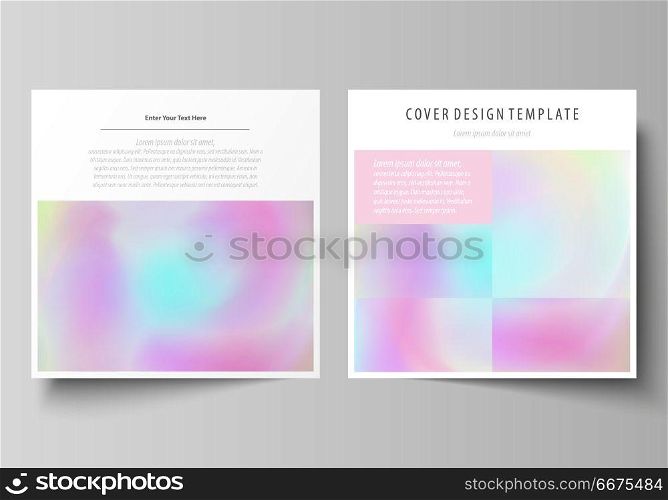 Business templates for square design brochure, flyer. Leaflet cover, abstract vector layout. Hologram, background in pastel colors with holographic effect. Blurred colorful pattern, surreal texture.. Business templates for square design brochure, magazine, flyer, booklet or annual report. Leaflet cover, abstract flat layout, easy editable vector. Hologram, background in pastel colors with holographic effect. Blurred colorful pattern, futuristic surreal texture.