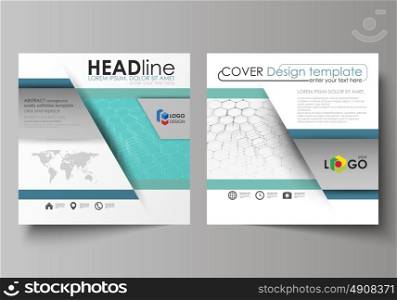 Business templates for square design brochure, flyer, report. Leaflet cover, abstract vector layout. Chemistry pattern, hexagonal molecule structure on blue. Medicine, science, technology concept.. Business templates for square design brochure, magazine, flyer, booklet or annual report. Leaflet cover, abstract flat layout, easy editable vector. Chemistry pattern, hexagonal molecule structure on blue. Medicine, science and technology concept.