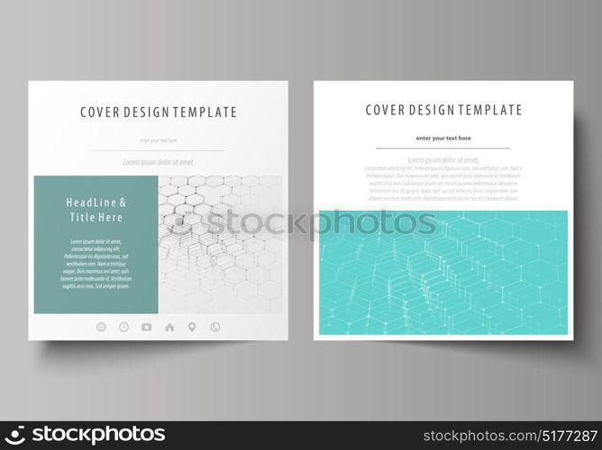 Business templates for square design brochure, flyer, report. Leaflet cover, abstract vector layout. Chemistry pattern, hexagonal molecule structure on blue. Medicine, science, technology concept. Business templates for square design brochure, flyer, report. Leaflet cover, abstract vector layout. Chemistry pattern, hexagonal molecule structure on blue. Medicine, science, technology concept.