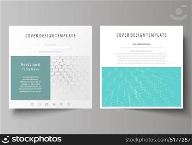 Business templates for square design brochure, flyer, report. Leaflet cover, abstract vector layout. Chemistry pattern, hexagonal molecule structure on blue. Medicine, science, technology concept. Business templates for square design brochure, flyer, report. Leaflet cover, abstract vector layout. Chemistry pattern, hexagonal molecule structure on blue. Medicine, science, technology concept.