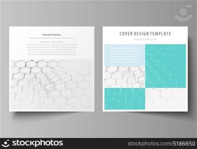 Business templates for square design brochure, flyer, report. Leaflet cover, abstract vector layout. Chemistry pattern, hexagonal molecule structure on blue. Medicine, science, technology concept.. Business templates for square design brochure, magazine, flyer, booklet or annual report. Leaflet cover, abstract flat layout, easy editable vector. Chemistry pattern, hexagonal molecule structure on blue. Medicine, science and technology concept.