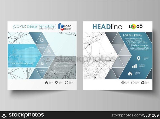 Business templates for square design brochure, flyer, report. Leaflet cover, vector layout. Chemistry pattern, connecting lines and dots, molecule structure on white, geometric graphic background.. Business templates for square design brochure, magazine, flyer, booklet or annual report. Leaflet cover, abstract flat layout, easy editable vector. Chemistry pattern, connecting lines and dots, molecule structure on white, geometric graphic background.