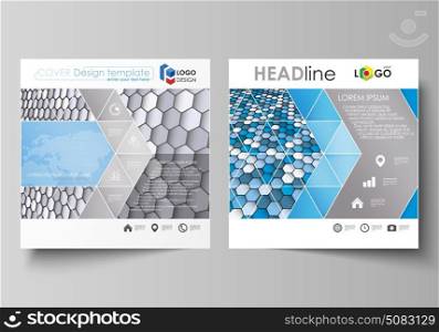 Business templates for square design brochure, magazine, flyer, annual report. Leaflet cover, vector layout. Blue and gray color hexagons in perspective. Abstract polygonal style modern background.. Business templates for square design brochure, magazine, flyer, booklet or annual report. Leaflet cover, abstract flat layout, easy editable vector. Blue and gray color hexagons in perspective. Abstract polygonal style modern background.