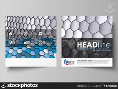 Business templates for square design brochure, magazine, flyer, annual report. Leaflet cover, vector layout. Blue and gray color hexagons in perspective. Abstract polygonal style modern background.. Business templates for square design brochure, magazine, flyer, booklet or annual report. Leaflet cover, abstract flat layout, easy editable vector. Blue and gray color hexagons in perspective. Abstract polygonal style modern background.