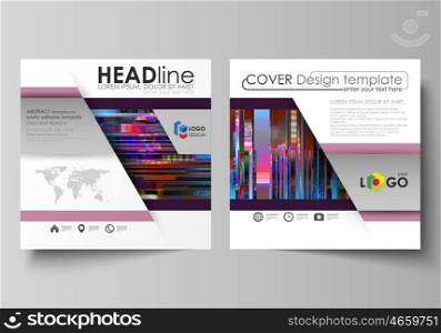 Business templates for square design brochure, magazine, flyer, booklet. Leaflet cover, abstract vector layout. Glitched background made of colorful pixel mosaic. Digital decay, signal error, television fail. Trendy glitch backdrop.