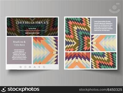 Business templates for square design brochure, magazine, flyer, booklet. Leaflet cover, abstract vector layout. Tribal pattern, geometrical ornament in ethno syle, vintage fashion background.. Business templates for square design brochure, magazine, flyer, booklet or annual report. Leaflet cover, abstract flat layout, easy editable vector. Tribal pattern, geometrical ornament in ethno syle, ethnic hipster backdrop, vintage fashion background.