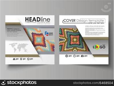 Business templates for square design brochure, magazine, flyer, booklet. Leaflet cover, abstract vector layout. Tribal pattern, geometrical ornament in ethno syle, vintage fashion background.. Business templates for square design brochure, magazine, flyer, booklet or annual report. Leaflet cover, abstract flat layout, easy editable vector. Tribal pattern, geometrical ornament in ethno syle, ethnic hipster backdrop, vintage fashion background.